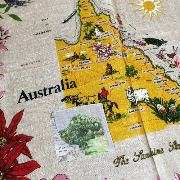Vtg Queensland Australia Linen 50" Square Tablecloth Floral Tropical Colorful - Picture 5 of 6